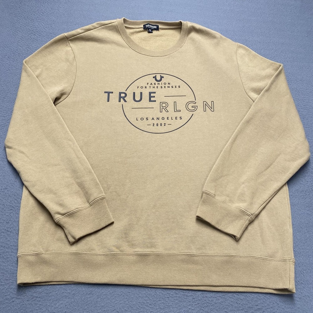 True Religion‎ Sweatshirt Mens 3XL Beige Pullover Fleece Lined Logo Graphic